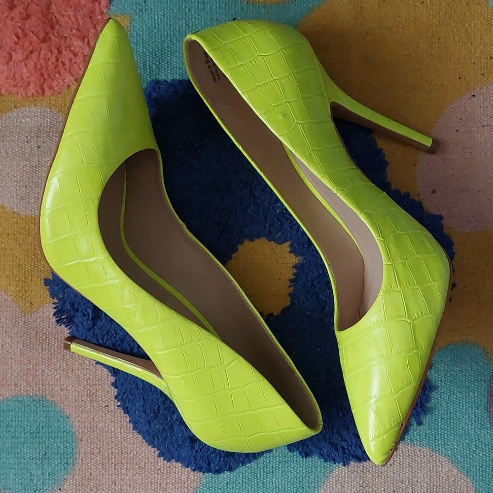 Aldo Neon Yellow/Green Crocodile Heels Sz 10 + Mathching Unbranded Bag - Picture 3 of 16